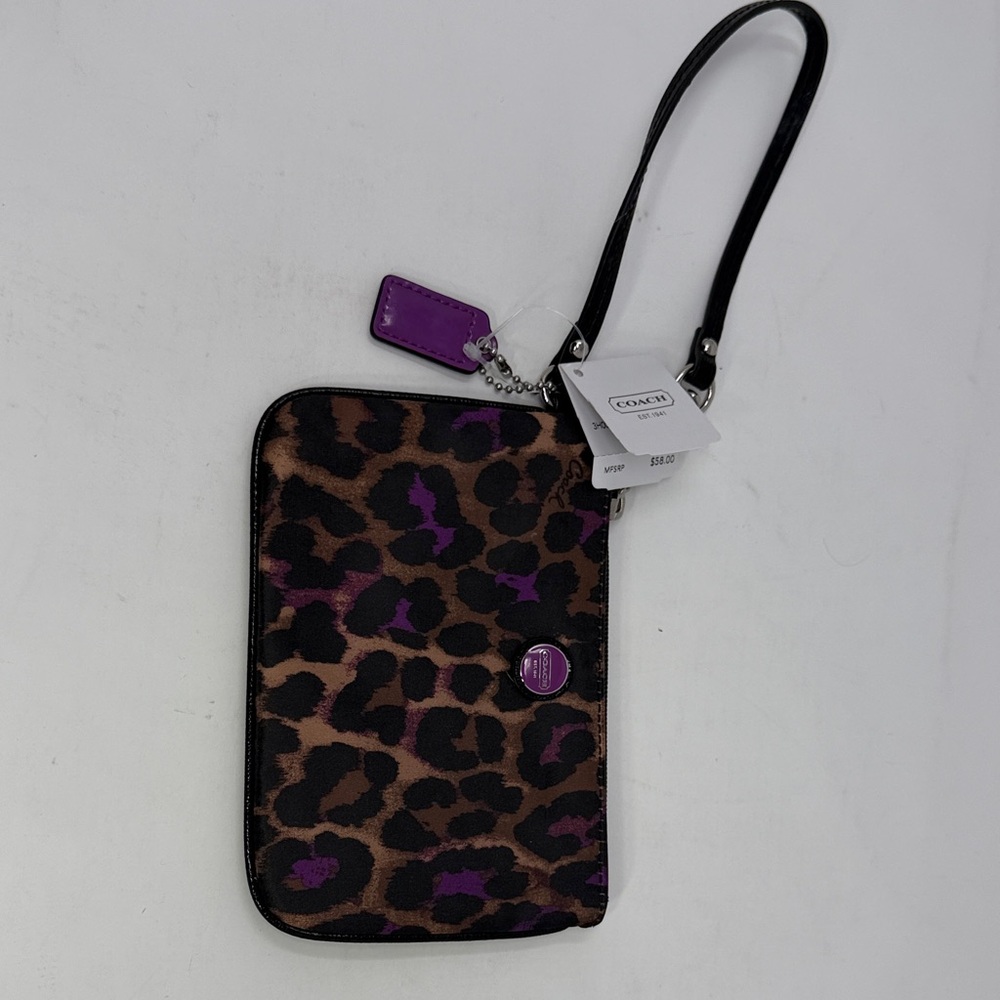 Coach Animal Print Wristlet with Purple Accents
